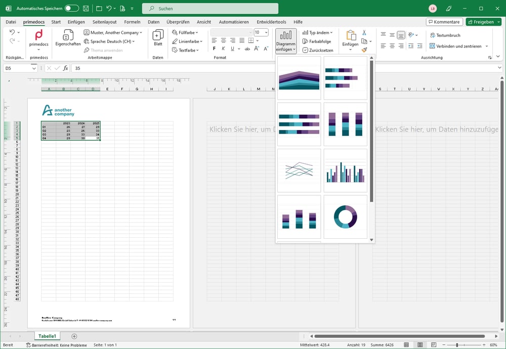 Screenshot Excel Diagramme mit primedocs