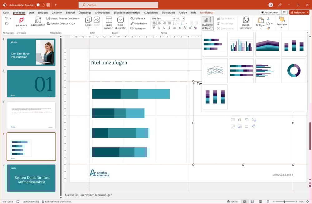 Screenshot der PowerPoint  Oberfläche mit primedocs Diagrammen
