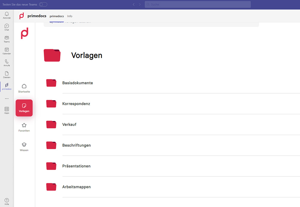Screenshot Microsoft Teams Integration mit primedocs Dokumentenverwaltung