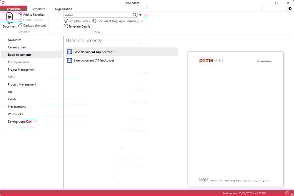 Screenshot von Microsoft Word als Template Software für Dokumenten Vorlagen mit primedocs