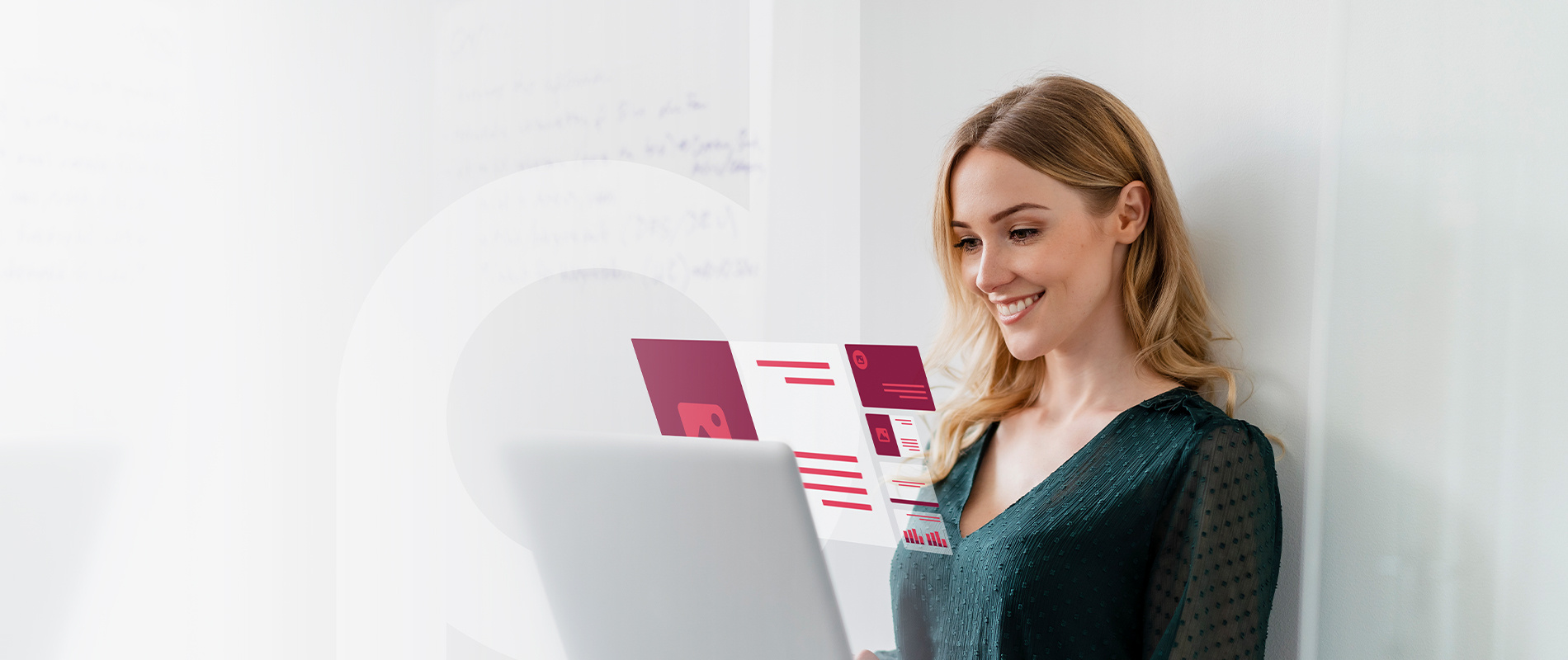 Young woman happily absorbed in her work on a laptop, while the simple user interface floats above the display as a banner for better visualisation.